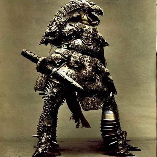 Prompt: “tyrannosaurus rex in full ornate samurai armour, 1900’s photo”