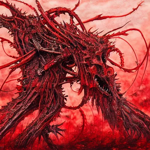 Image similar to landscape artwork of two demons entwined emerging from corpses in a red hellscape covered in blood by Yoshitaka Amano, by HR Giger, full body wide shot, biomechanical, 4k, hyper detailed, hyperrealism, anime, red sky, blood and body parts, deviantart, artstation