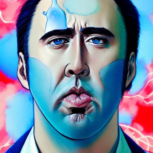 Image similar to prompt : blue nicolas cage illustration portrait soft light painted by james jean and katsuhiro otomo and erik jones, inspired by evangeleon anime, smooth face feature, intricate oil painting, high detail illustration, sharp high detail, manga and anime 1 9 9 9