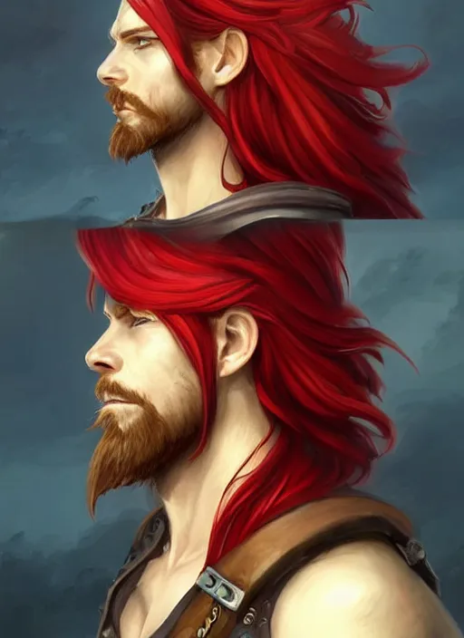 Prompt: portrait of a male pirate with flowing red hair!!!!!!, handsome, side profile, Steampunk airship!!!!!!!, D&D, fantasy, simple clothing!!!!, elegant, highly detailed, digital painting, deviantart, artstation, concept art, sharp focus, illustration, art by Artgerm and Greg Rutkowski and Alphonse Mucha