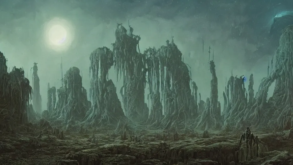 Prompt: eerie atmospheric alien planet with biomechanical plants and the ruins of civilization by les edwards and vincent di fate and anato finnstark, epic cinematic matte painting