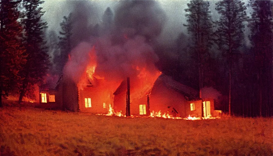 Image similar to 1 9 7 0 s movie still by andrei tarkovsky of a heavy burning french style little house in a small northern french village by night in autumn, pines forest, cinestill 8 0 0 t 3 5 mm, heavy grain, high quality, high detail, dramatic light, anamorphic, flares