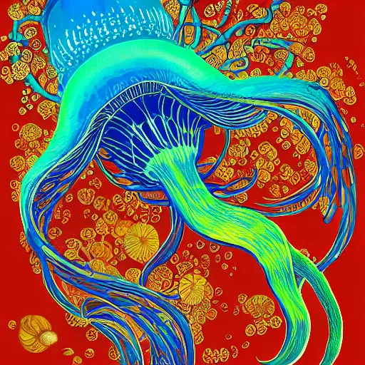 Image similar to ivan bilibin and edmund dulac and ilya kuvshinov and katsuhiro otomo inspired print of jellyfish in a bright ocean, deep focus, fantasy, intricate, elegant, highly detailed, digital painting, concept art, sharp focus, illustration, scarlet - green and mustard - indigo and azure - orange and white color scheme