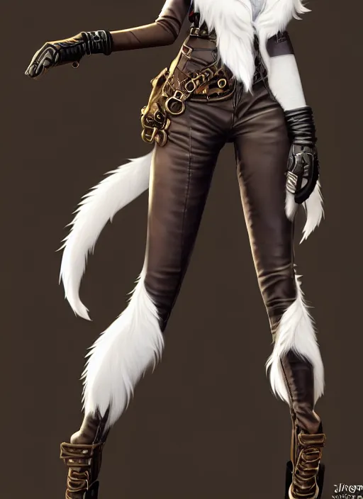 Prompt: wide angle beautiful full body portrait of a strong female anthropomorphic anthro lynx fursona wearing a steampunk leather pants. from behind, character design by disney, anime, manga, charlie bowater, ross tran, artgerm, and makoto shinkai, detailed, soft lighting, rendered in octane, white fur