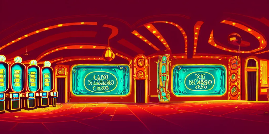 Prompt: extreme wide angle curly perspective digital art of indoor casino with a stage by anton fadeev from nightmare before christmas