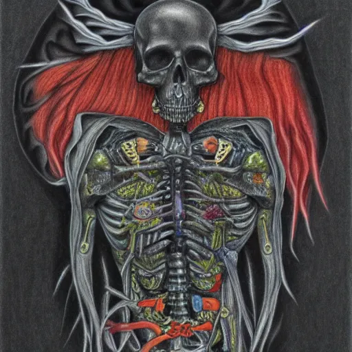 Image similar to a blend of death and life, color pencil drawing, maximalist, black background