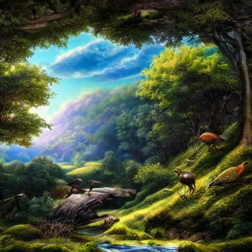 Image similar to a royal landscape, sumptuous, outstanding beauty, hills trees, stream, clouds, birds, sun rays, dramatic, ecstatic, surrealism
