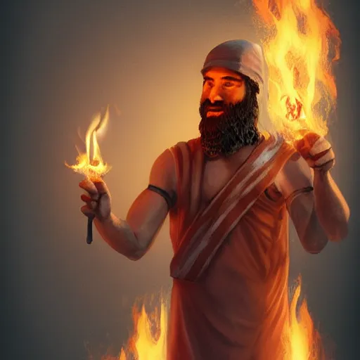Prompt: award intense 27 year old Mediterranean skinned man in Ancient Canaanite tunic, holding a flaming torch, beard, short hair, Nighttime. action, violence, hyperdetailed, artstation, cgsociety, 8k