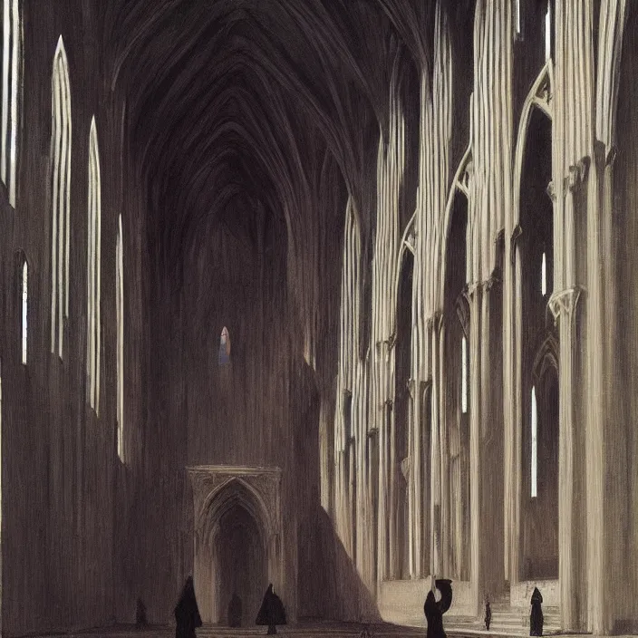 Image similar to woman in black robes, back to us, in magnificent cathedral like structure that sell fruit, artstation, art by edward hopper, zdislav beksinski, wayne barlowe, edward hopper