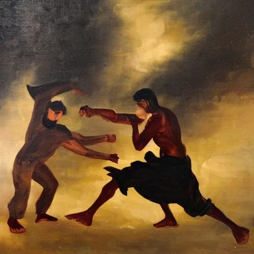 Image similar to oil painting of 20 year old Mediterranean man beating up an 18 year old Mediterranean man, dressed in biblical clothing, dark colors, dramatic abstract oil painting