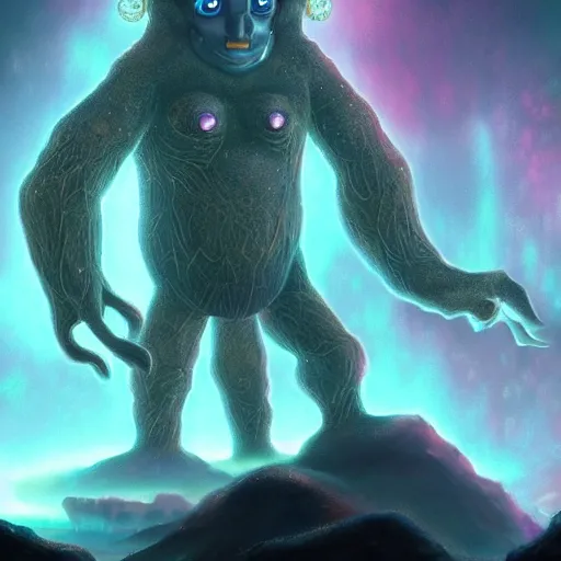 Prompt: a majestic fantasy golem made of crystals, rubies and diamonds. d & d. shining surfaces. monstrous creature. in front of an iridescent cave background. white to cyan gradient. high details. 4 k