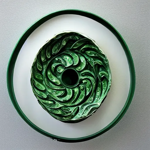 Image similar to a ceramic sculpture of some kind of plant in a glazed serpent frame with a white wall behind it and swirling green plants in the center by cleo sjolander