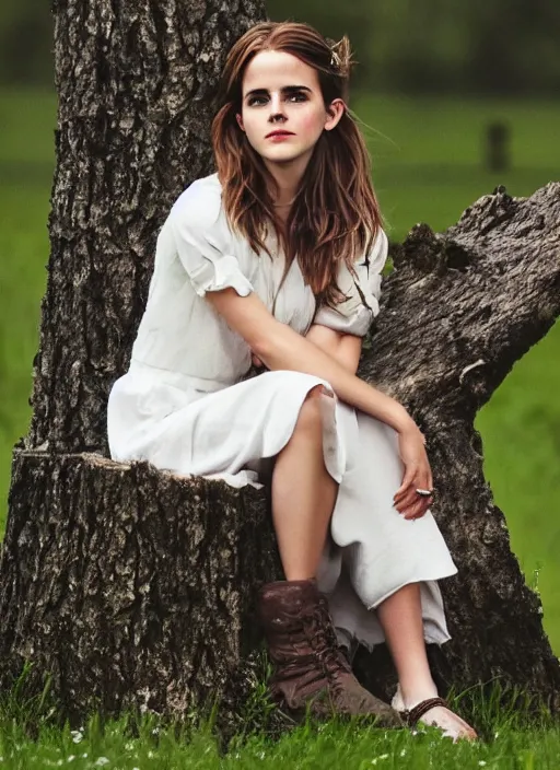 Image similar to portrait of emma watson sitting on a tree stump in a field