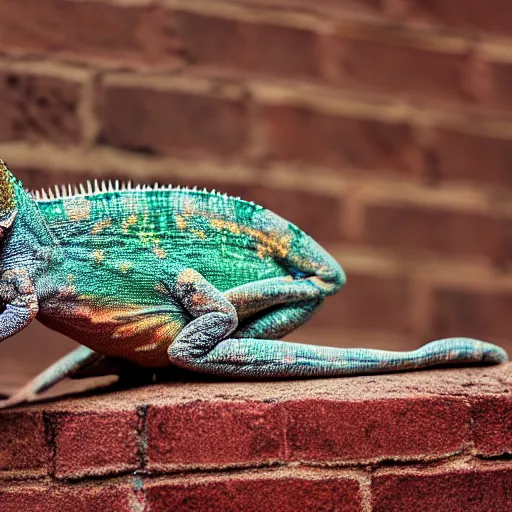 Image similar to a chameleon with leopard pattern on skin sitting on a brick wall, highly detailed, 8K, supersharp photo