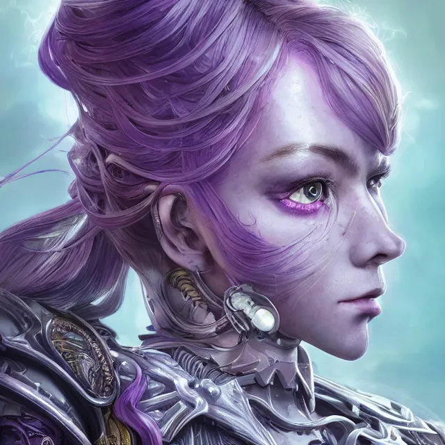 Image similar to close facial portrait of a pale woman in futuristic bionic armor with flowing purple hair, elegant, stoic, intense, ultrafine hyperdetailed illustration by kim jung gi, irakli nadar, intricate linework, sharp focus, bright colors, octopath traveler, final fantasy, hearthstone, highly rendered, global illumination, radiant light, detailed, intricate environment