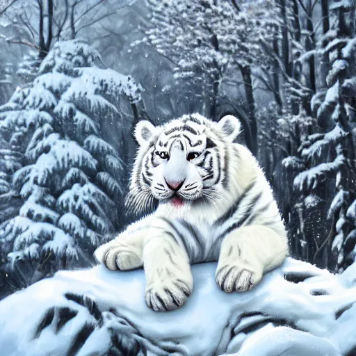 Prompt: cute fluffy white tiger cub sitting on rock in snowy winter landscape with trees detailed painting 4k