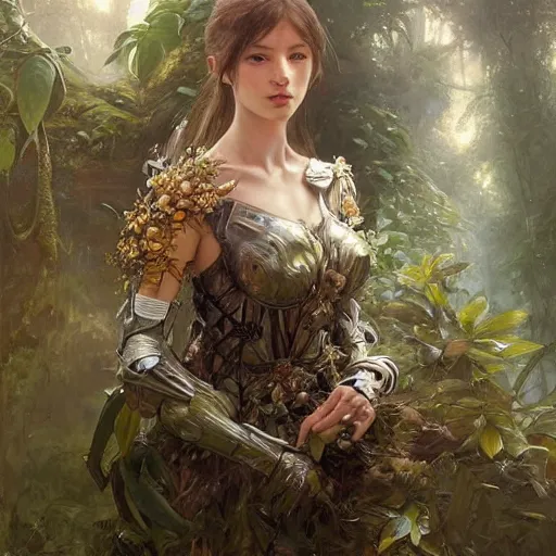 Prompt: epic hyperdetailed portrait of beautiful flower armored knight girl in the misty rainforest. by greg rutkowski, highly detailed portrait, rococo, smooth, sharp foccus ilustration, artstation hq. intricate, elegant. art by wlop and artgerm and greg rutkowski and alphonse mucha, masterpiece..