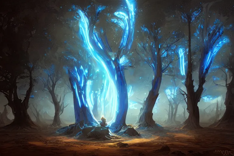 Image similar to the world tree glowing blue in a large desert at night, highly detailed, digital painting, artstation, concept art, smooth, sharp focus, illustration, art by artgerm and greg rutkowski and alphonse mucha