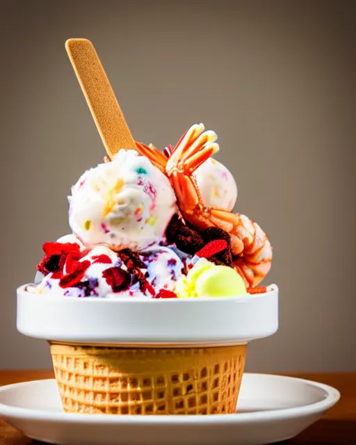 Prompt: dslr food photograph of an ice cream sundae with shrimps on. 8 5 mm f 1. 4