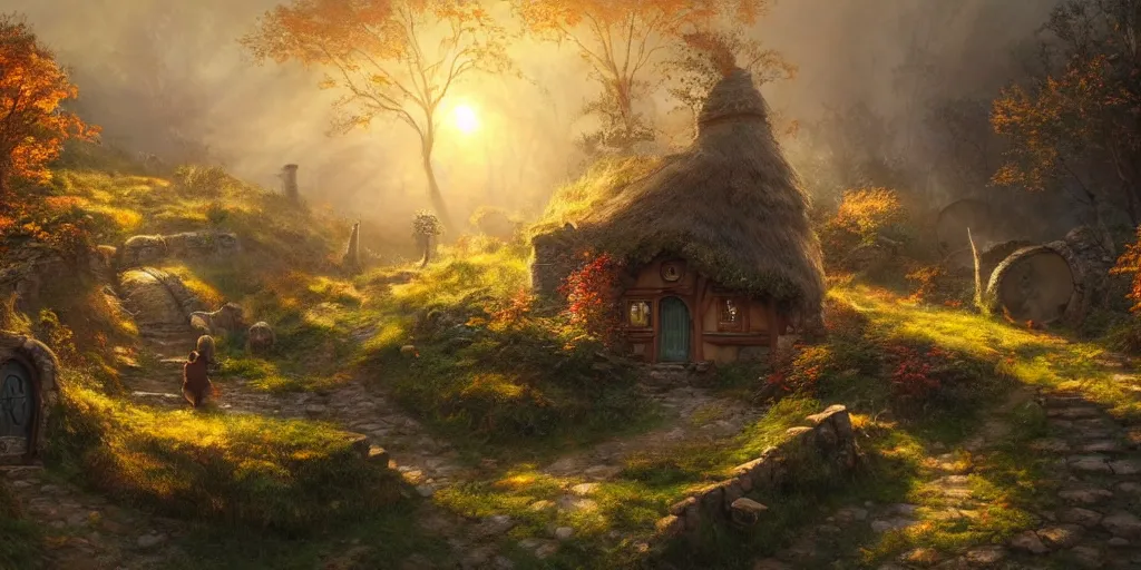 Image similar to a hobbit cottage on top of a steep hill, greg rutkowski, zabrocki, moebius, karlkka, jayison devadas, highly detailed, autumn sunlights, smoky atmosphere, ( ray of sunlight ), trending on artstation, 8 k, ultra wide angle, zenith view, pincushion lens effect