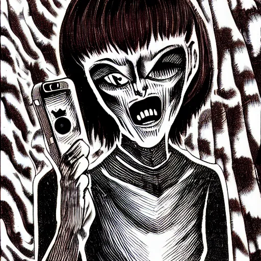 Image similar to a dark brown humanoid, hyper detailed, in the style of junji ito and and junji ito and junji ito, selfie