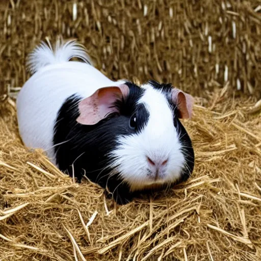 Prompt: a guinea pig wearing white wings, flying in a field of hay