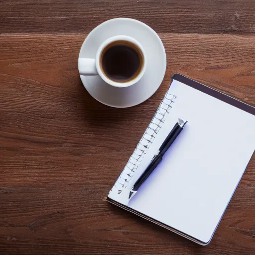 Image similar to notepad next to a coffee mug on hardwood view from above