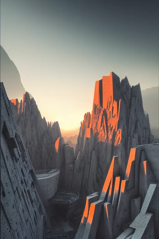 Image similar to sci - fi concrete brutalist architecture in the italian dolomites, zaha hadid, beksinski, photoreal, highly detailed, 8 k, hd, vray, artstation, trending on behance, cinematic matte painting, extreme detail photo quality, orange sunset, featured on behance