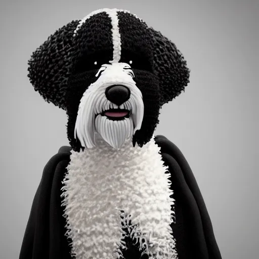 Image similar to a closeup photorealistic illustration of a smiling knitted bernedoodle judge dog dressed in a black gown, presiding over the courthouse. this 4 k hd image is trending on artstation, featured on behance, well - rendered, extra crisp, features intricate detail, epic composition and the style of unreal engine.