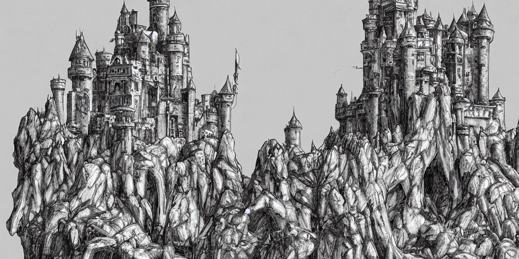 Image similar to illustration of a fantasy Castle in the middle of the desert, monochrome, manga style, by Kentaro Miura, sharp, dramatic lighting