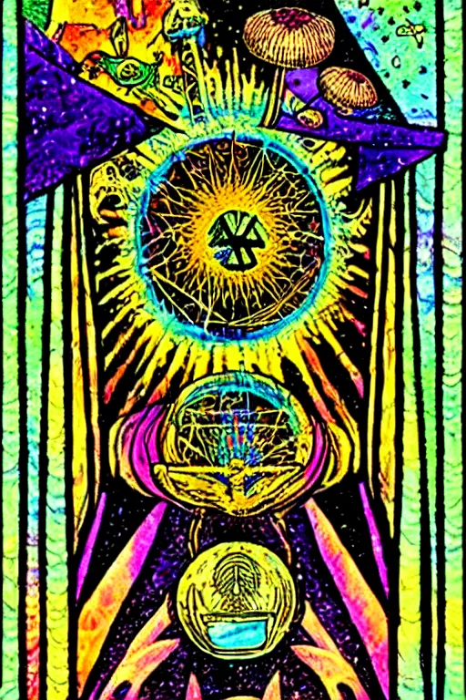 Image similar to a tarot card that reads lsd is good, psychedelic, old, paper texture, da vinci code, geometry, mushrooms