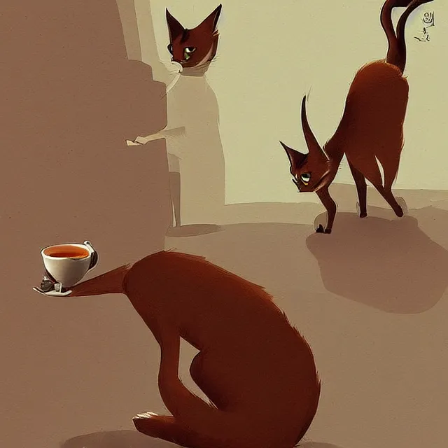 Image similar to cute caracal drinking coffee, by cory loftis, character art, art, very coherent, plain background, lighthearted, soft painting