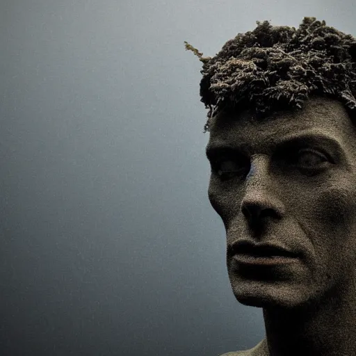 Image similar to Award-winning photograph by Mar Mann. The photo depicts a decaying roman bust of David Bowie overgrown with moss at the bottom of the sea in the middle of ruins of civilization. Minimalism, high definition, perfect composition. Deep sea picture. Very dark. Volumetric Lighting. Fish. Darkness. Ruins