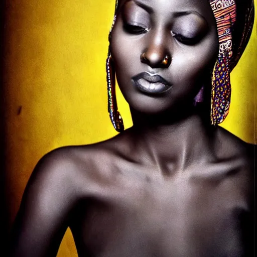 Image similar to beautiful east african woman, east african attire, monochromatic colors, seductive, painterly, surrealist, fine art photography, dreamy