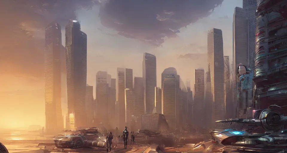 Prompt: futuristic oriental robotic singapore seattle dubai city, matte painting long shot cinematic epic lighting concept art wide shot digital art trending on artstation 4 k extremely detailed cinematic realistic midday warm colors sunlight vegetation water futuristic suburbs by greg rutkowski martin ansin john blanche alejandro burdisio, photographed by victor enrich