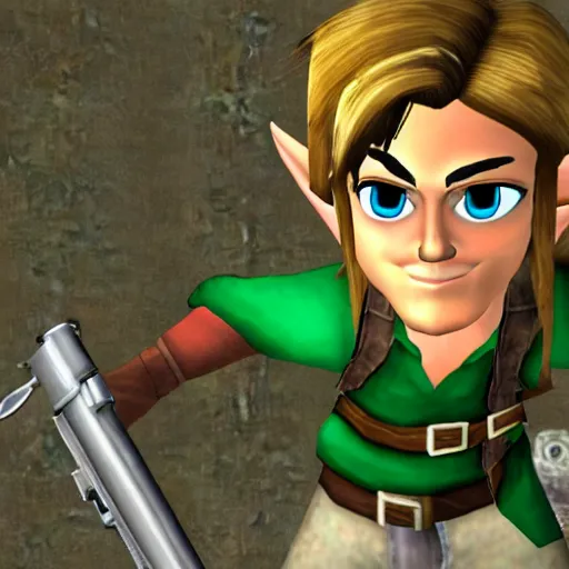 Image similar to link with a gun, ps 2 graphics