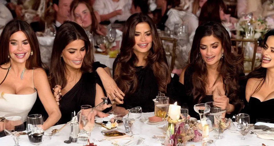 Prompt: candid group photo of sofia vergara, and salma hayek, and penelope cruz, and catherine zeta jones, and eva mendes, sitting around a long table at a dinner, laughing