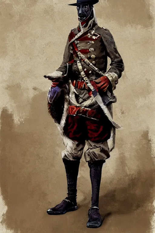 Image similar to Anthro llama colonial era soldier by Craig Mullins and Carl Brenders