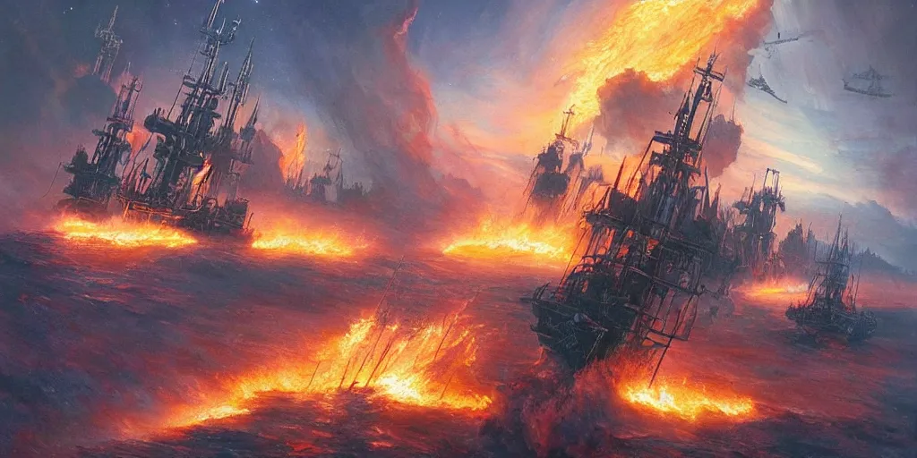 Prompt: beautiful matte fantasy sci - fi painting of attack ships on fire off the shoulder of orion