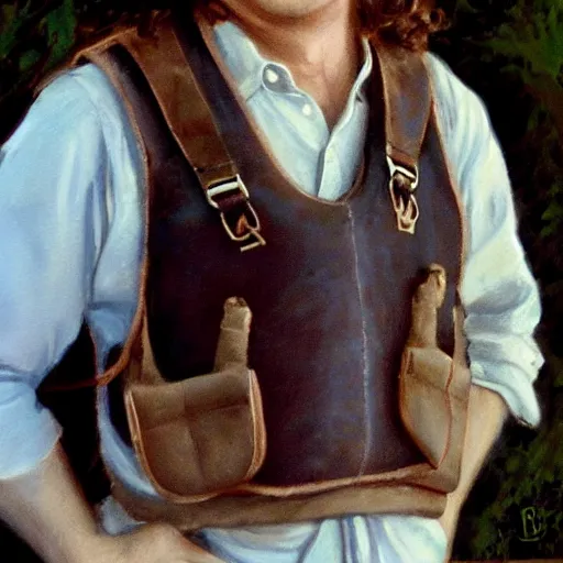 Image similar to close up headshot of a frowning clean shaven pudgy British lad with short curly dark brown hair as a hobbit wearing a white men's crossbody sling chest bag and blue vest, blue vest!! white crossbody chestbag!! high resolution film still, painting by Ed Binkley