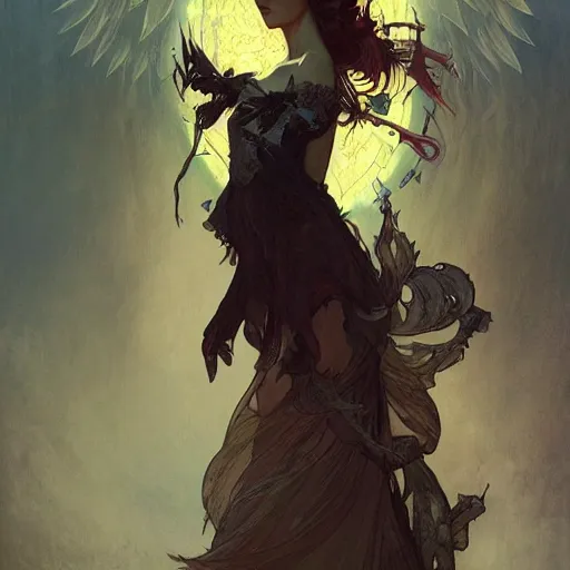 Prompt: beautiful angelic seductive witch, fantasy, intricate, cinematic lighting, highly detailed, digital painting, artstation, smooth, sharp focus, illustration, art by Akihiko Yoshida, Greg Rutkowski and Alphonse Mucha, by Pixar