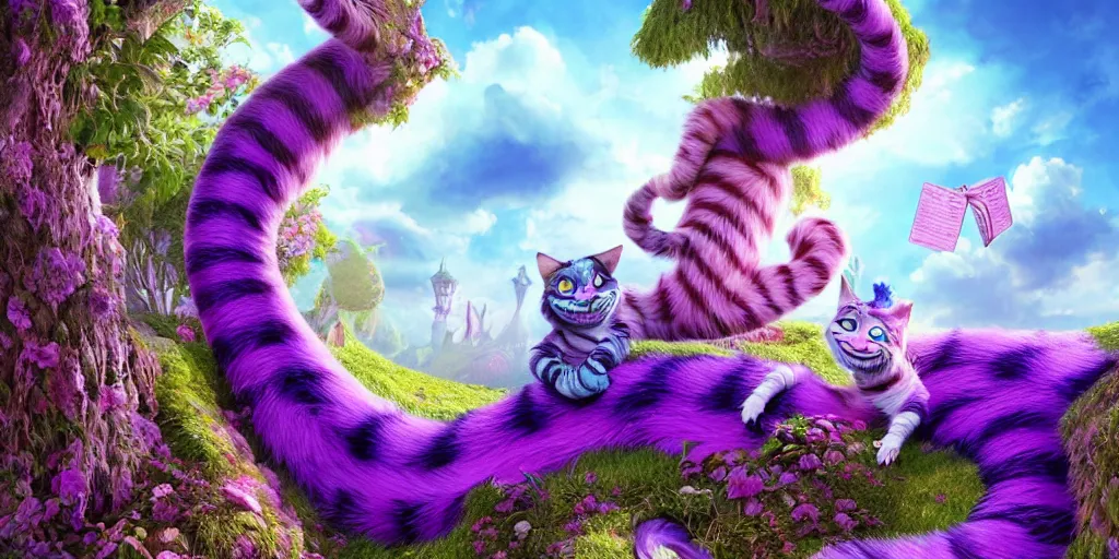 Prompt: The Cheshire Cat, Alice in wonderland, colorful, wide angle, super highly detailed, professional digital painting, artstation, concept art, smooth, sharp focus, no blur, no dof, extreme illustration, Unreal Engine 5, Photorealism, HD quality, 8k resolution, cinema 4d, 3D, beautiful, cinematic, art by artgerm and greg rutkowski and alphonse mucha and loish and WLOP