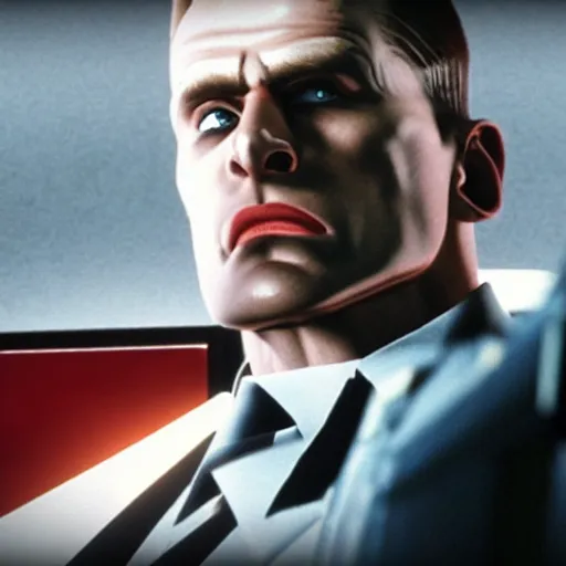 Image similar to Duke Nukem as The American Psycho, staring intensely, cinematic still