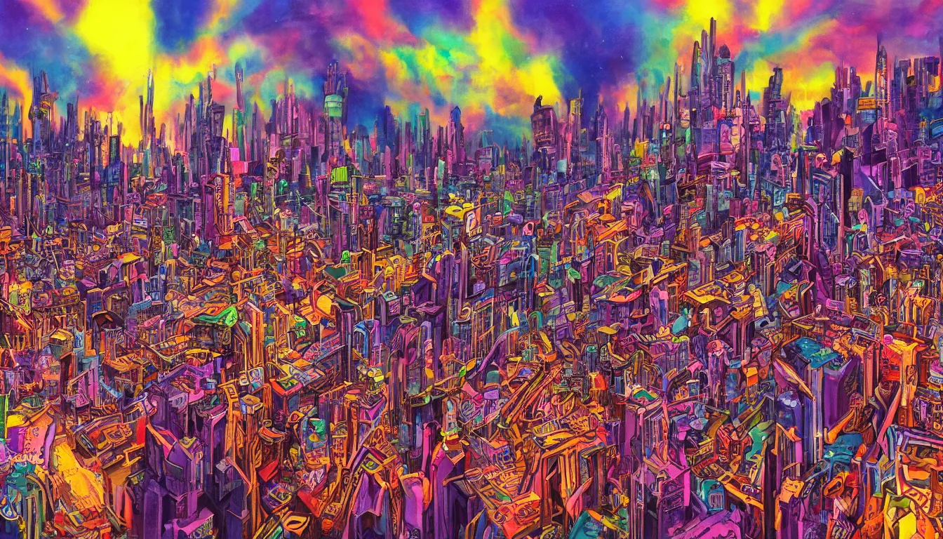 Image similar to surreal colorful nightmarish cityscape, 4k artwork by Ralph Bakshi