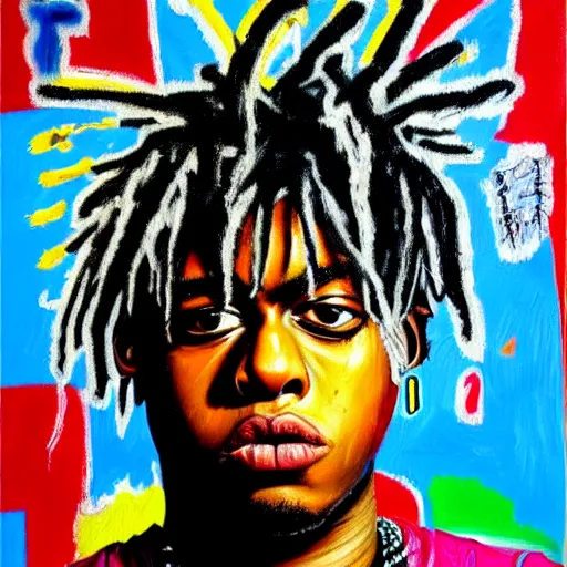 Prompt: detailed neo expressionism oil painting of sad boy juice wrld rapper by basquiat