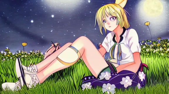 Prompt: Lucy Heartfilia sitting in a field of Ghibli Clover | Big Moon at Night | GLOWING FLOWERS | strong blue rimlit | visual-key | anime illustration | highly detailed | in the style of Anmi