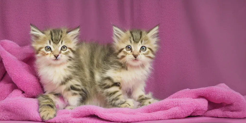 Image similar to oil painting of a fluffy tabby kitten wrapped in a pink towel, product photography of a shower curtain, product lighting. 4 k, highly detailed. saturated.