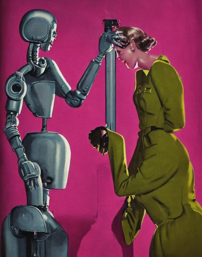 Image similar to a female housewife!!!! being hugged by a metal robot!!!! in a suit!!!, 1 9 5 0 s horror film movie poster style, ( norman rockwell oil painting ), close - up shot, profile shot, retro science fiction, vintage, saturated pink and green lighting, shadowy lighting