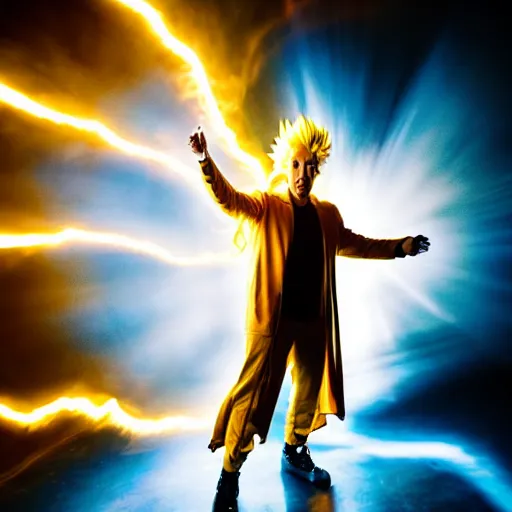 Prompt: uhd candid photo of cosmic nicholas cage impersonator as a super sayian powering up, glowing, global illumination, studio lighting, radiant light, hyperdetailed, correct face, elaborate intricate costume. photo by annie leibowitz