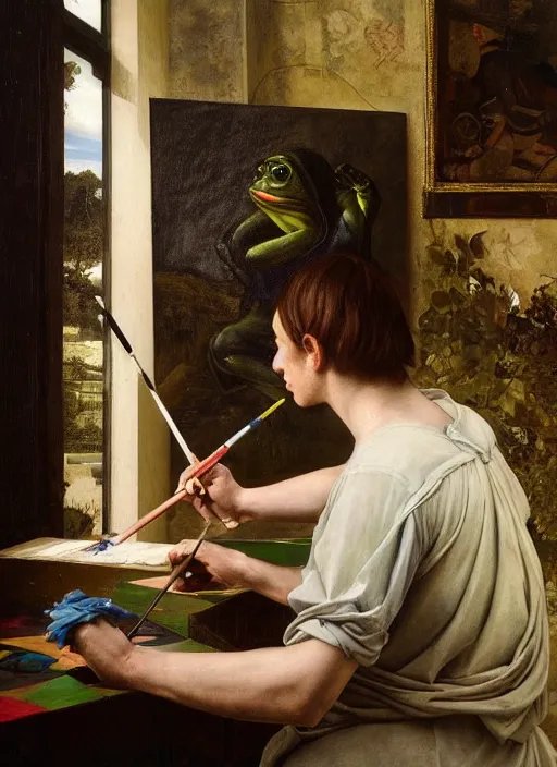 Image similar to a young painter in his studio painting a picture of pepe the frog, by edgar maxence and caravaggio and michael whelan and delacroix style, artistic, intricate drawing, cinematic lighting, hyper realistic, extremely detailed, establishing shot, 8 k resolution, dramatic lighting